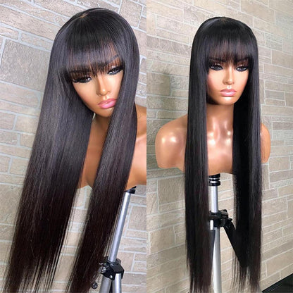 100% Human Hair Machine Made Brazilian Natural Black Straight Wig With Bangs
