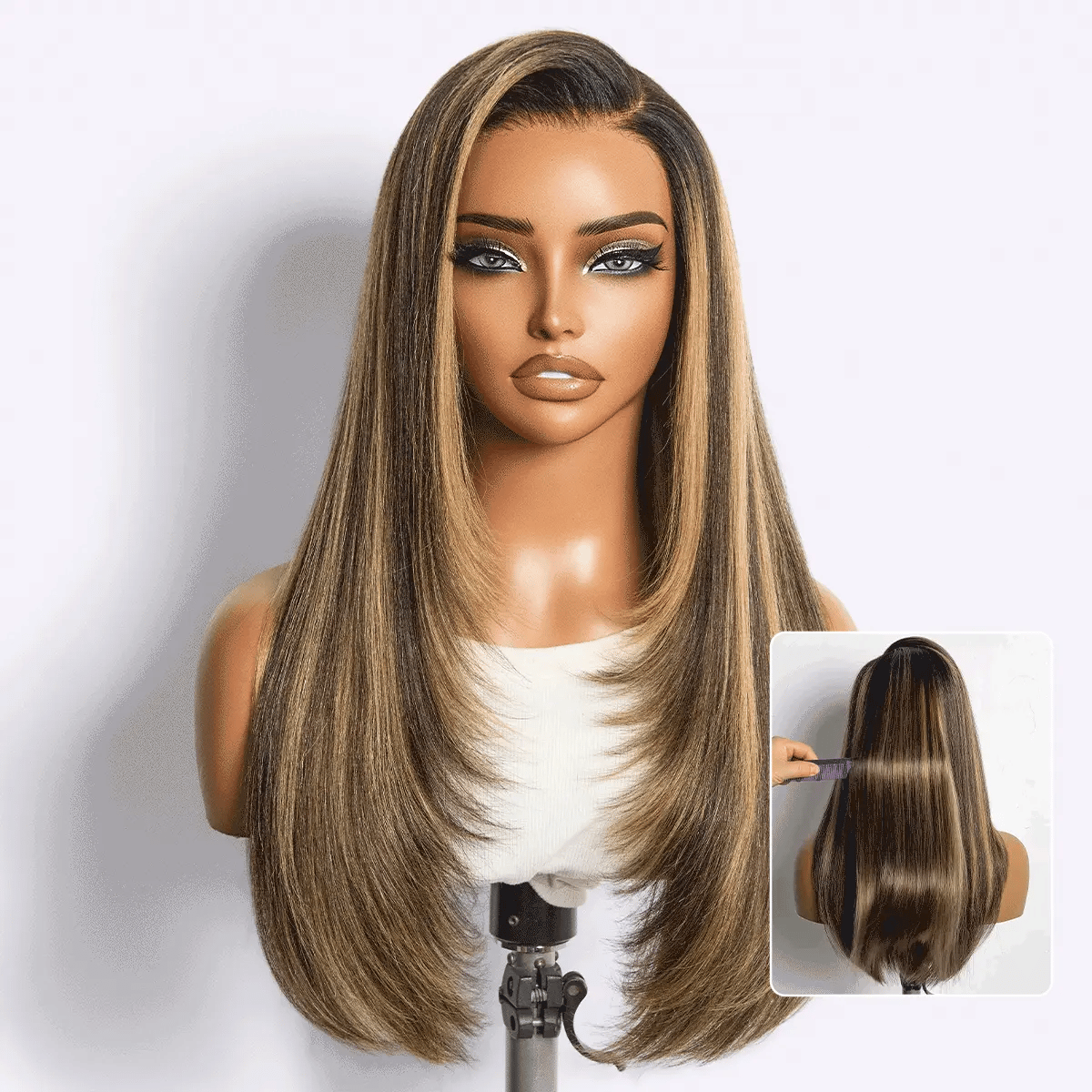 All-Day Comfort Wig 180% Density Blonde Highlight Butterfly Cut Layered Light Yaki Straight Glueless 7x6 Closure HD Lace Wig Pre-Cut Lace