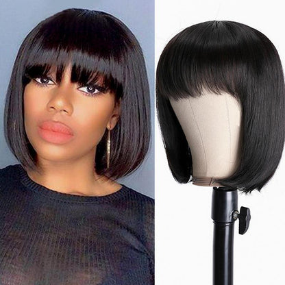 100% Human Hair Short Straight Bob Wig With Bangs